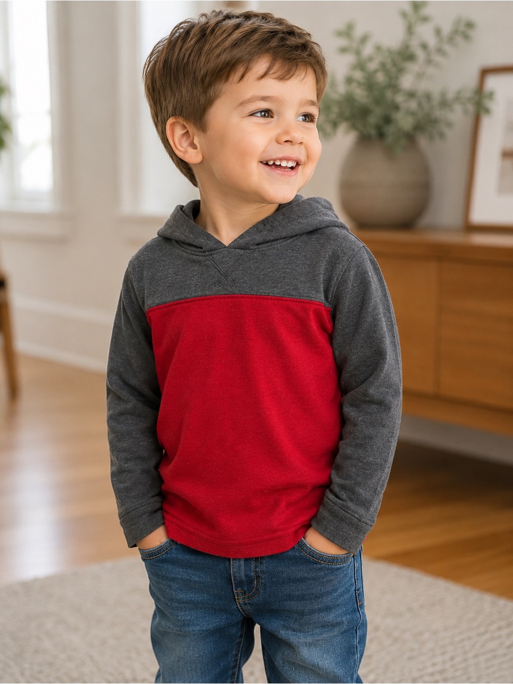 Garanimals Toddler Boys Hooded Color Block Long Sleeve Tee 3T | Red & Gray